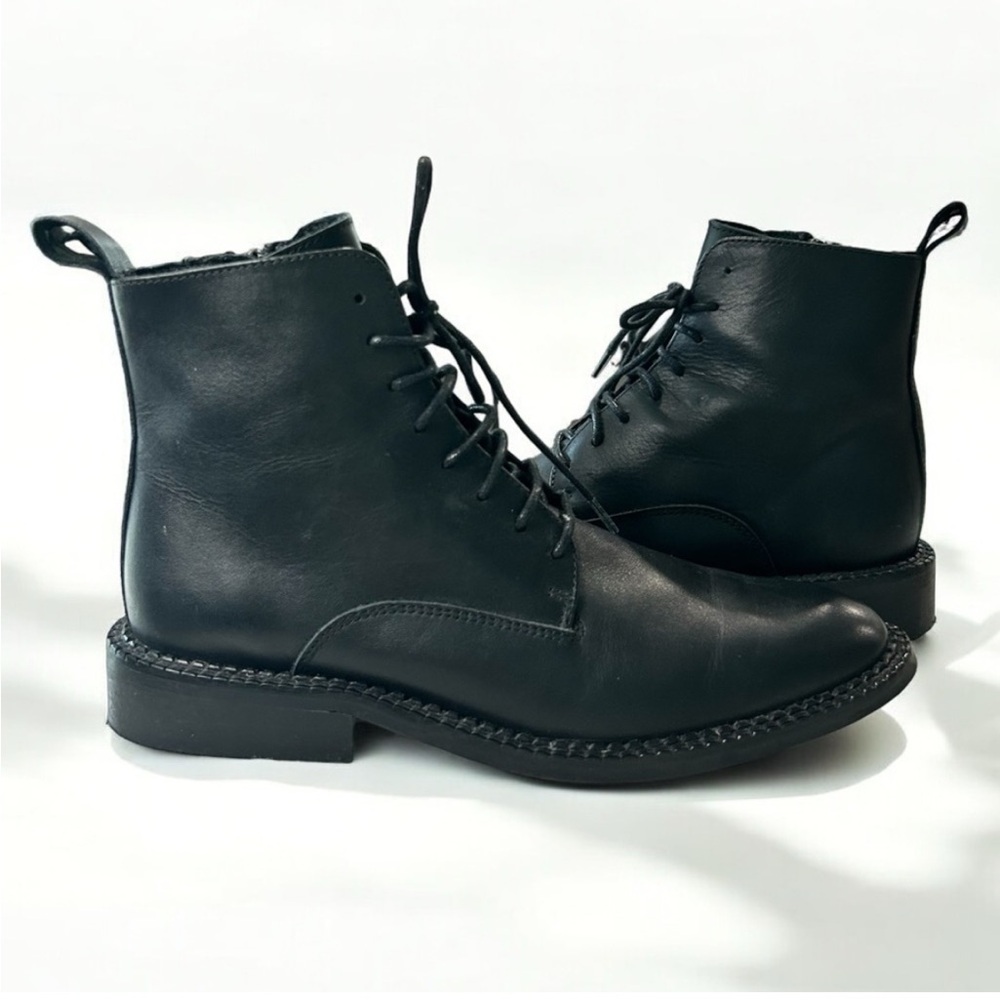 Black Leather Lace-Up Zipper Ankle Boots